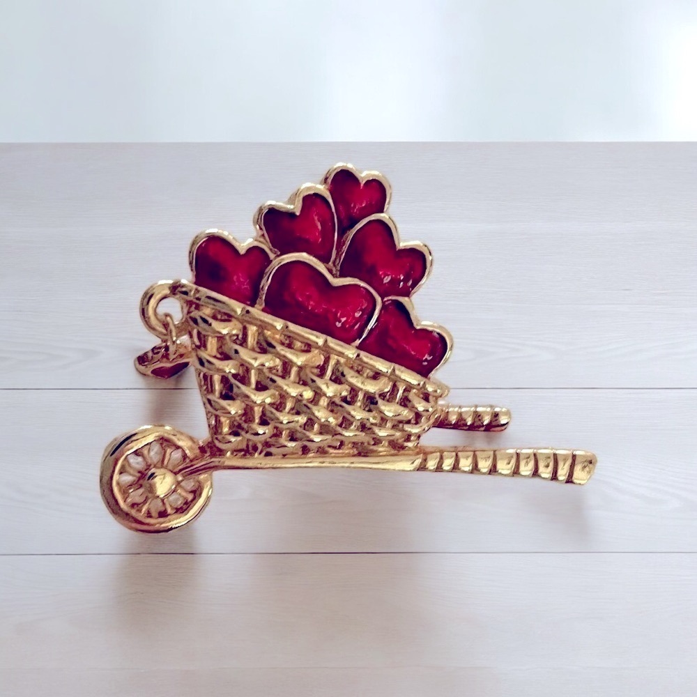 Avon Brooch/Tie Tack, Gold-Tone & Red Enamel Wheelbarrow Loaded Dangling Heart